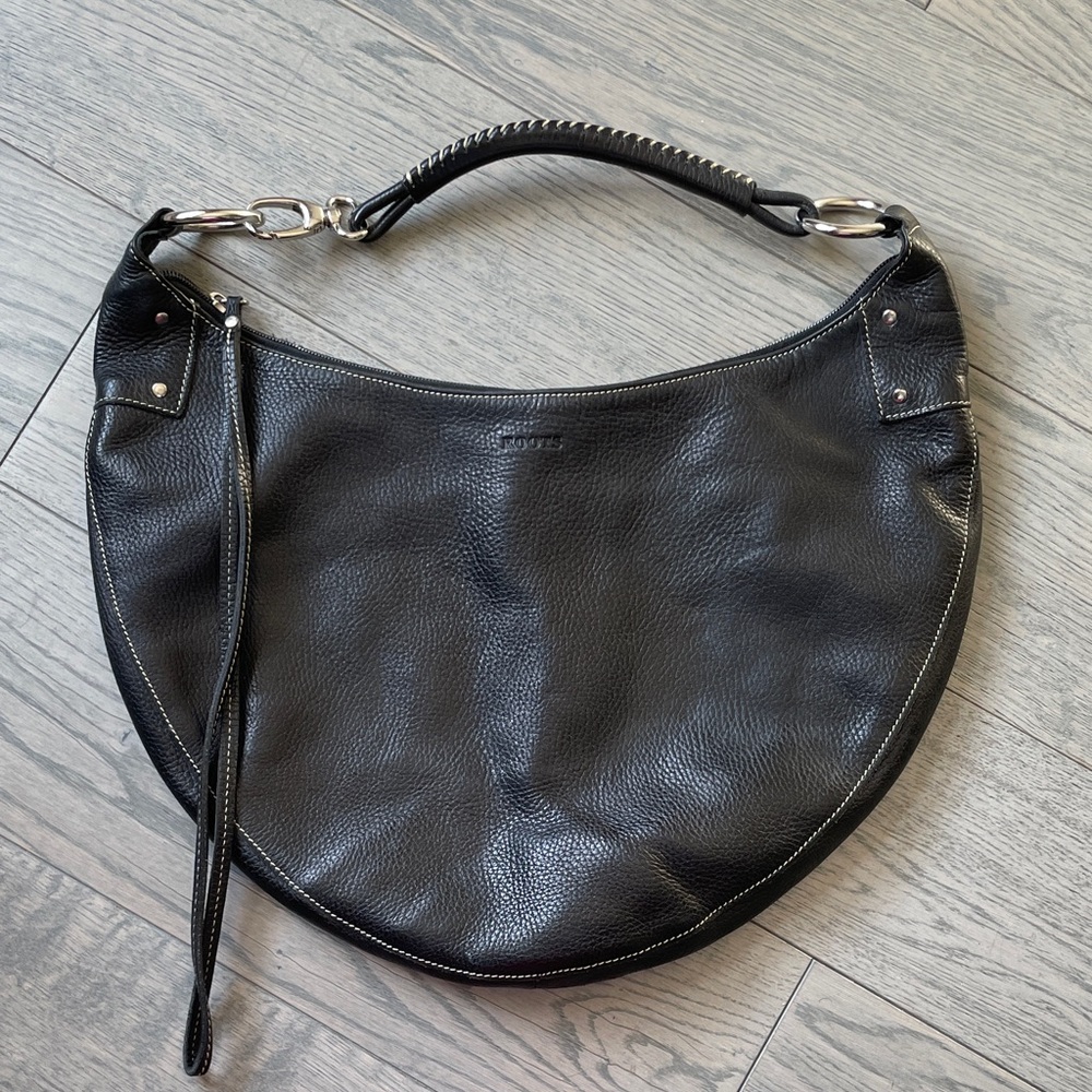 Roots Black Leather Crescent Hobo with Braided Handle